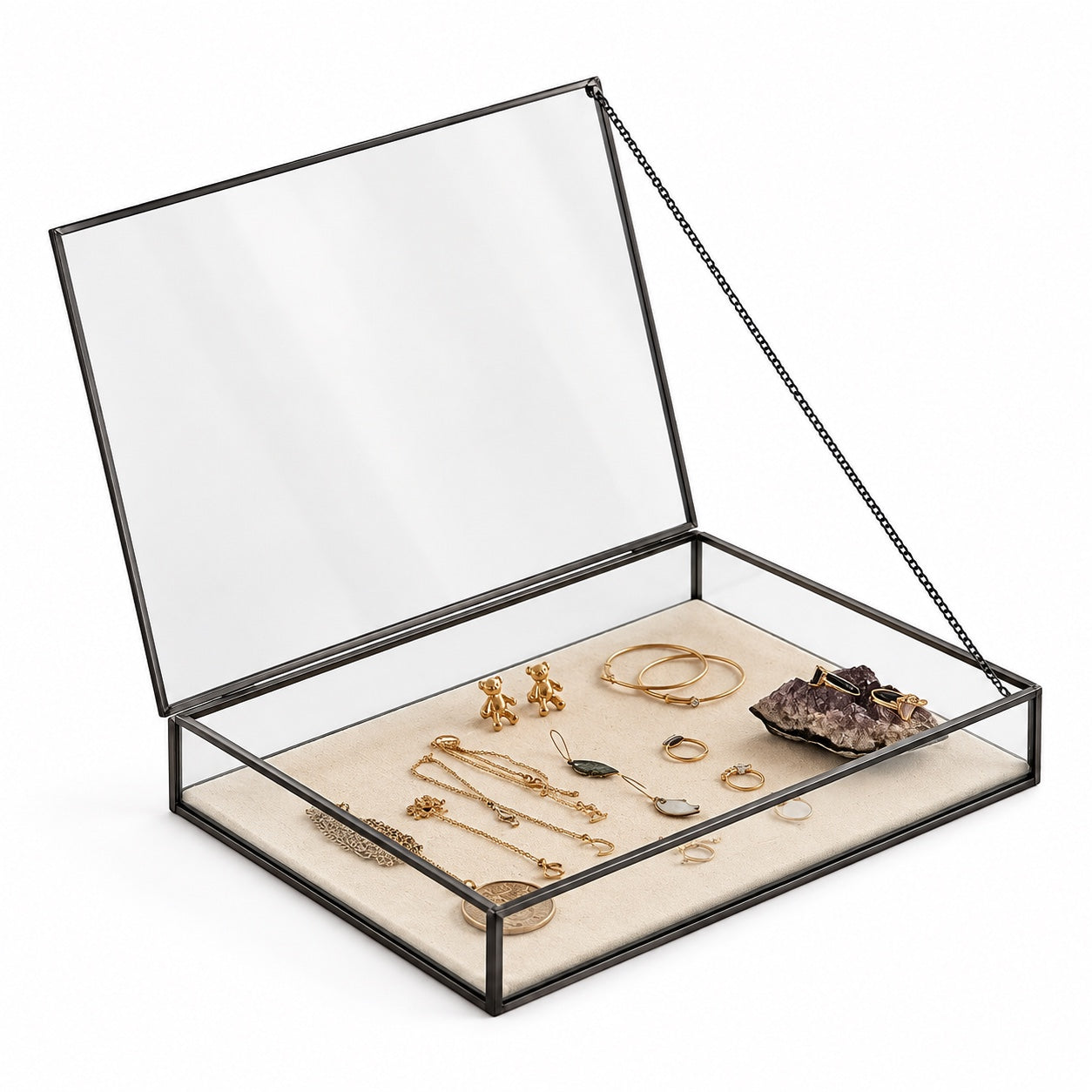 Schmuck-Präsentationsbox aus anthrazitfarbenem Glas 35x25x5 cm