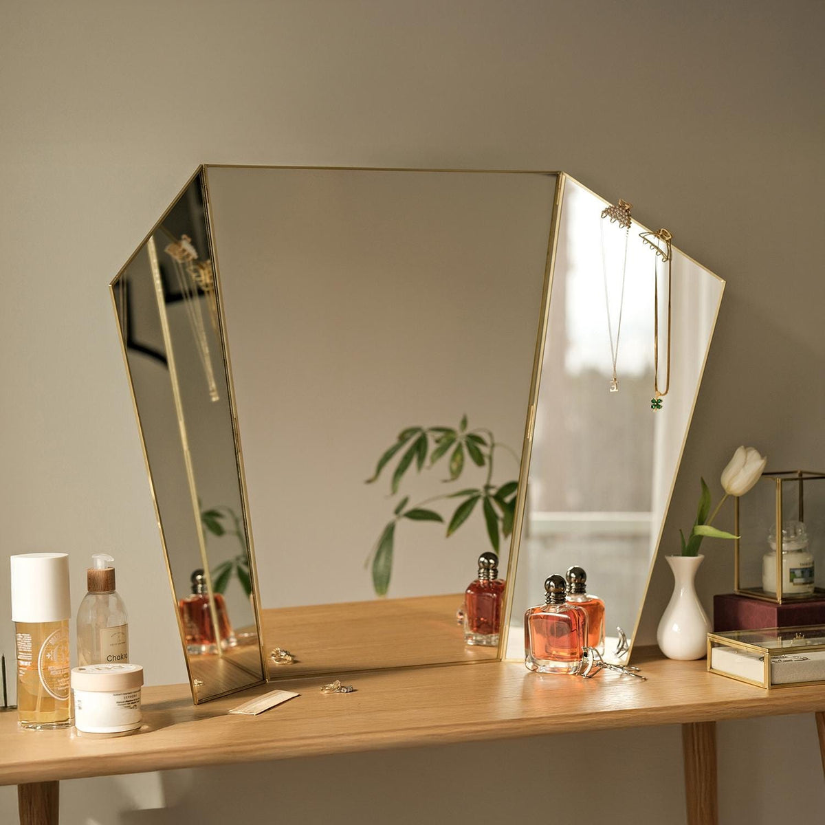 34x24" | Vanity Makeup Mirror | Brass Desktop | Gold Decorative | Tabletop Desk | Scandinavian | Portable Bedroom | Bohemian Modern