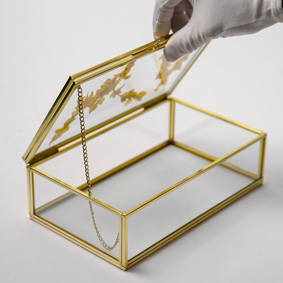 Gold Glass Keepsake Box with Photo Frame Lid, Handmade Brass Jewelry Storage, Pressed Flower Display, Wedding Memory Box