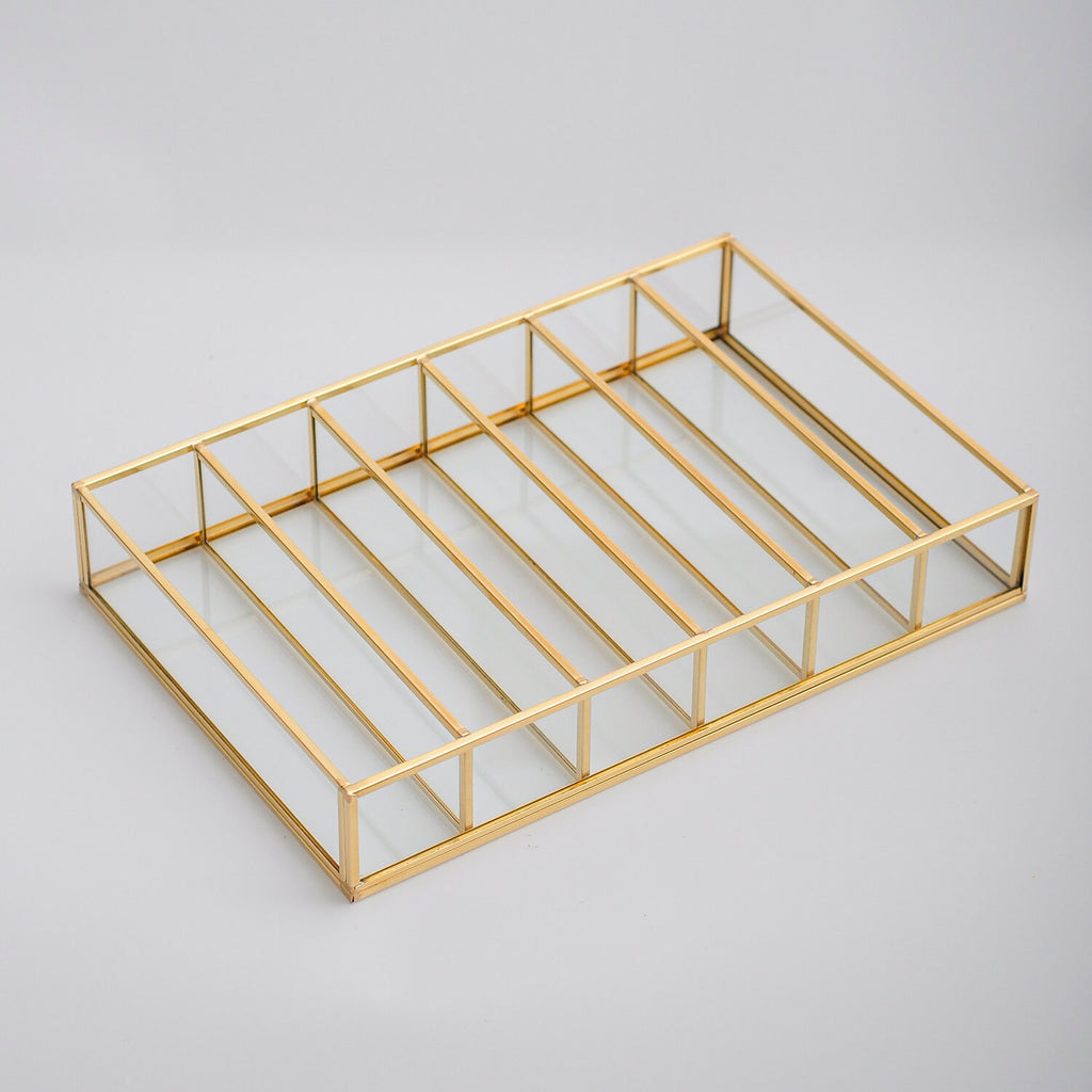 Jewelry Watch Organizer Box Accessories Makeup Gold Brass Glass Wedding Keepsake Geometric Card Reception 12x8x2"