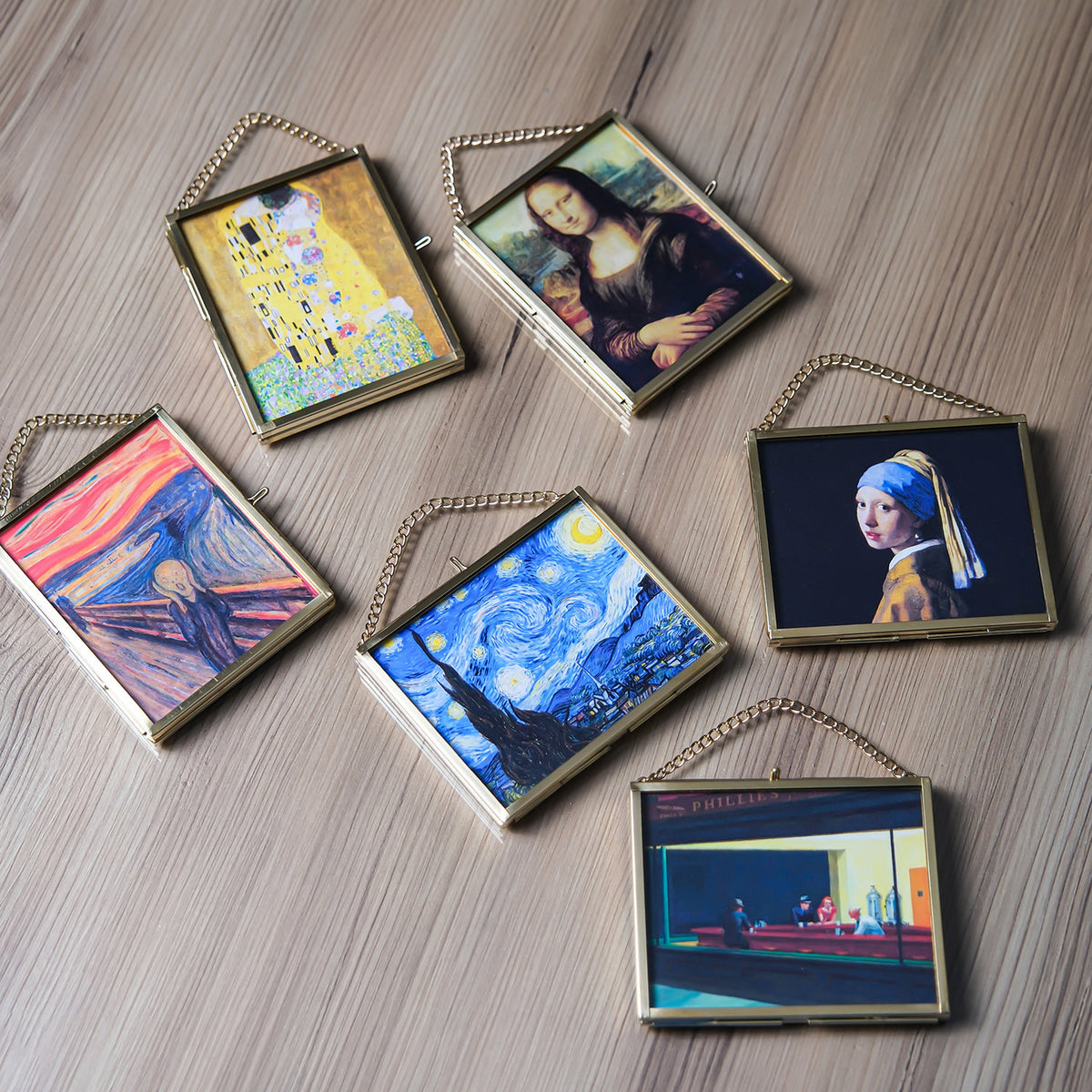 Christmas Gift Mini Artworks Brass Frame Glass Mona Lisa The Kiss The Scream Nighthawks The Starry Night Girl with a Pearl Earring