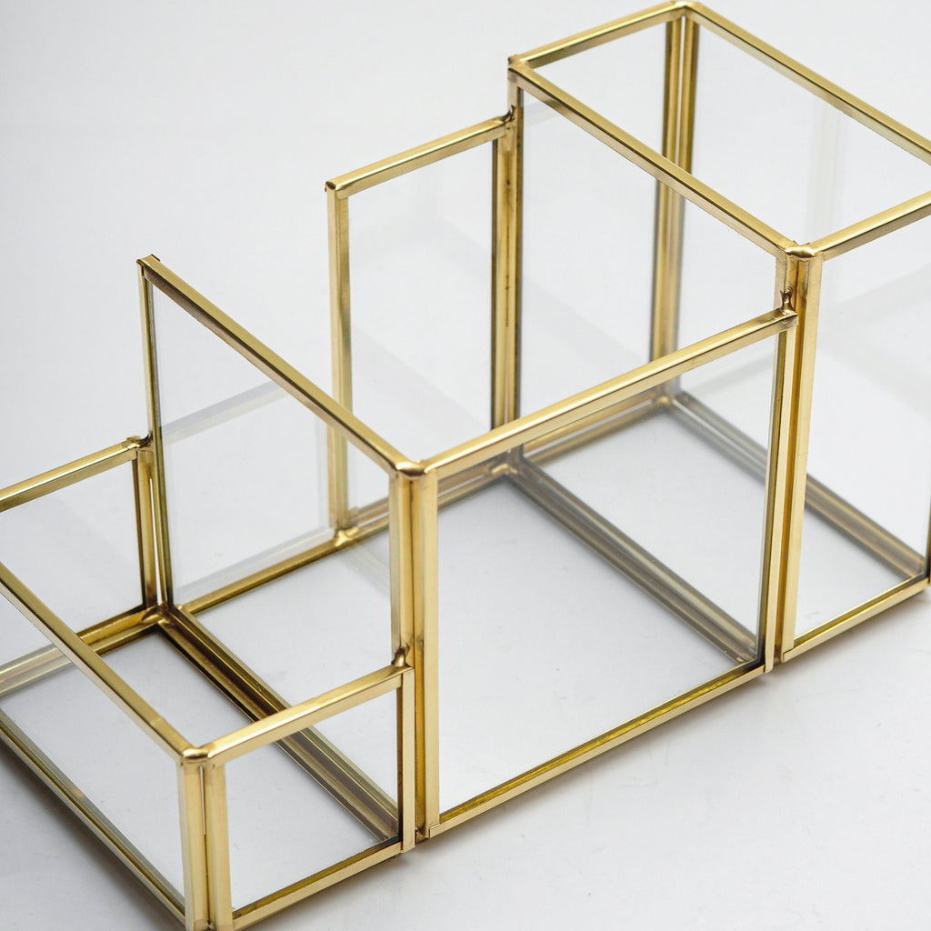 Pen Holder Office Decoration Makeup Organizer Brass Gold Glass Accessories Geometric 8x4x5" Christmas Gift