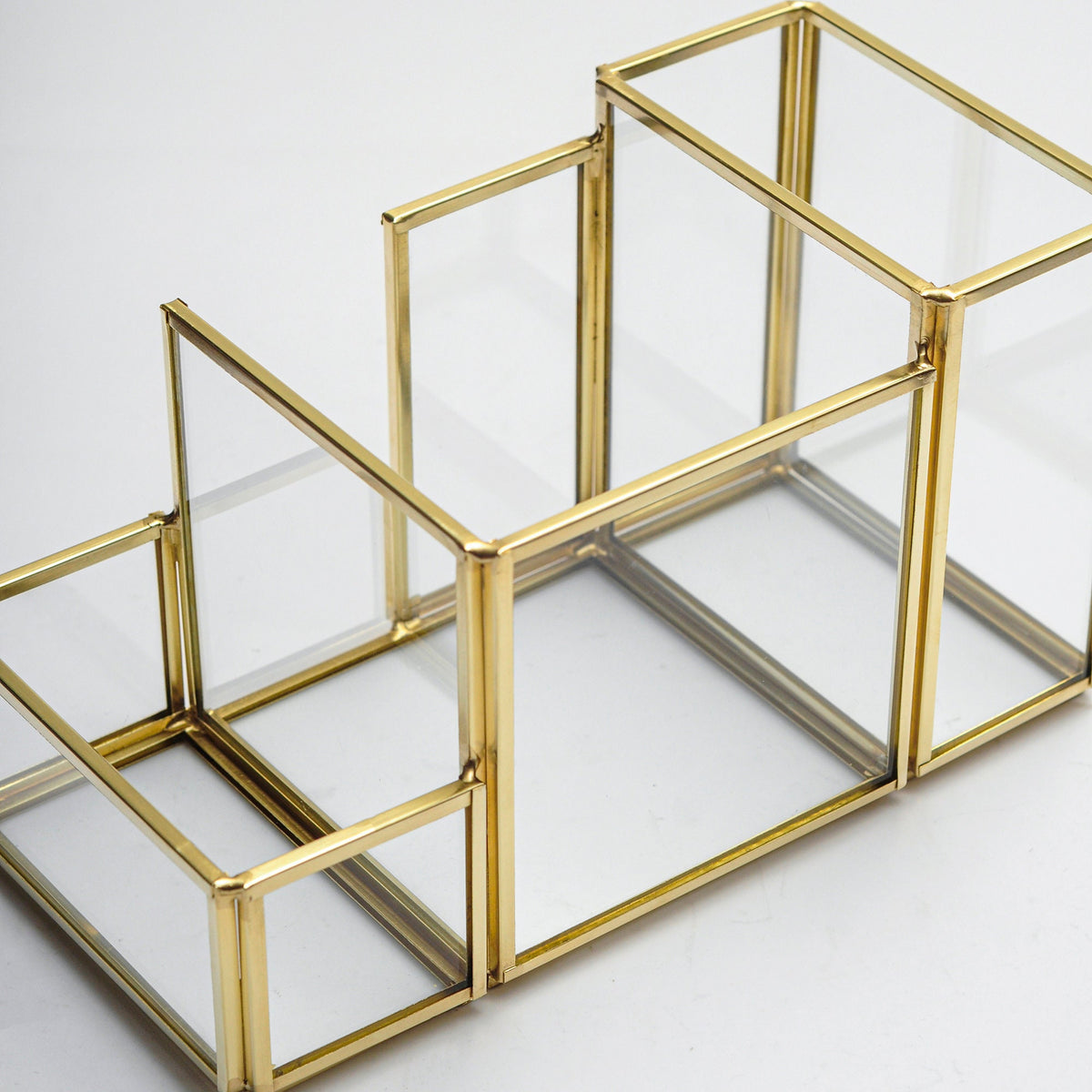 Pen Holder Office Decoration Makeup Organizer Brass Gold Glass Accessories Geometric 8x4x5" Christmas Gift