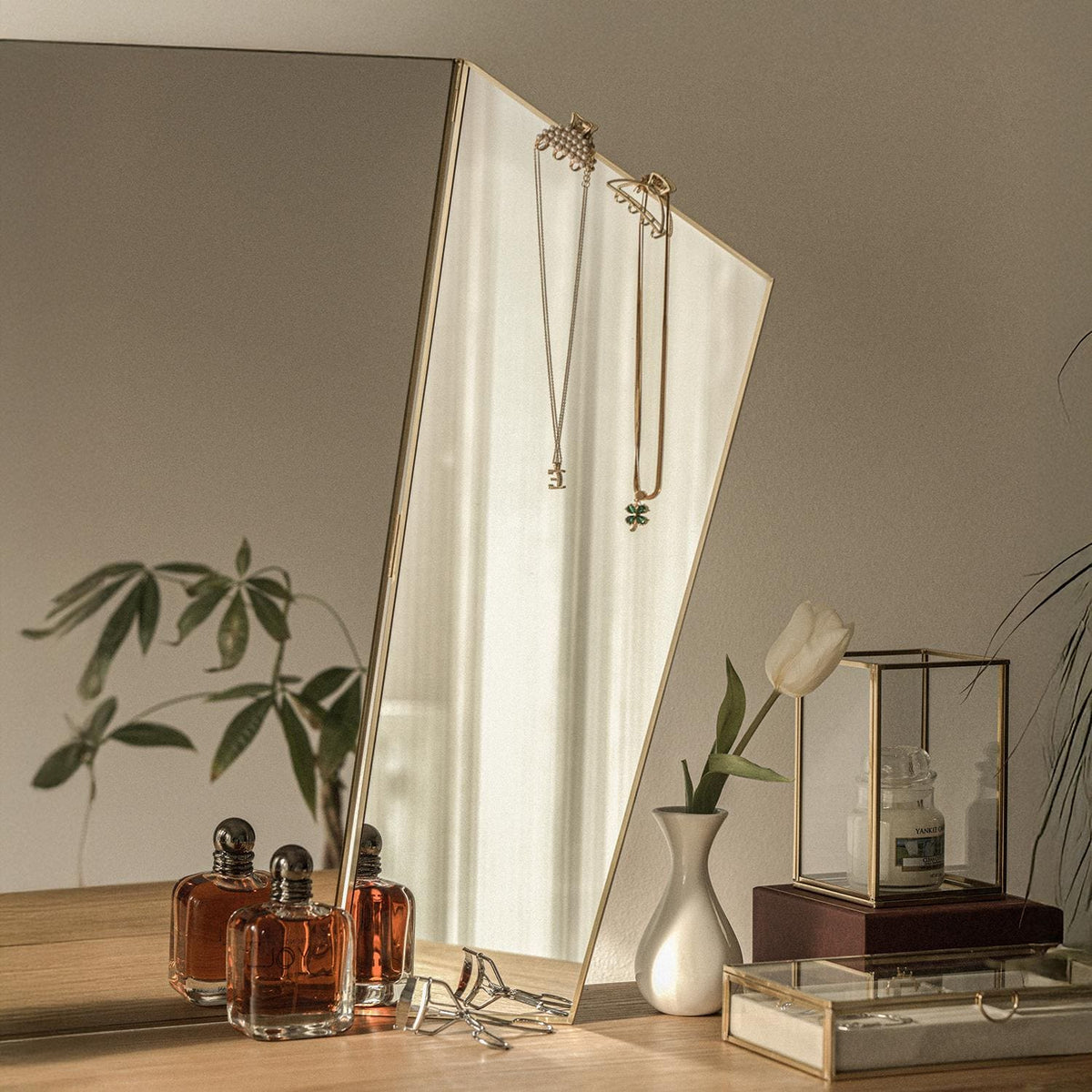 34x24" | Vanity Makeup Mirror | Brass Desktop | Gold Decorative | Tabletop Desk | Scandinavian | Portable Bedroom | Bohemian Modern