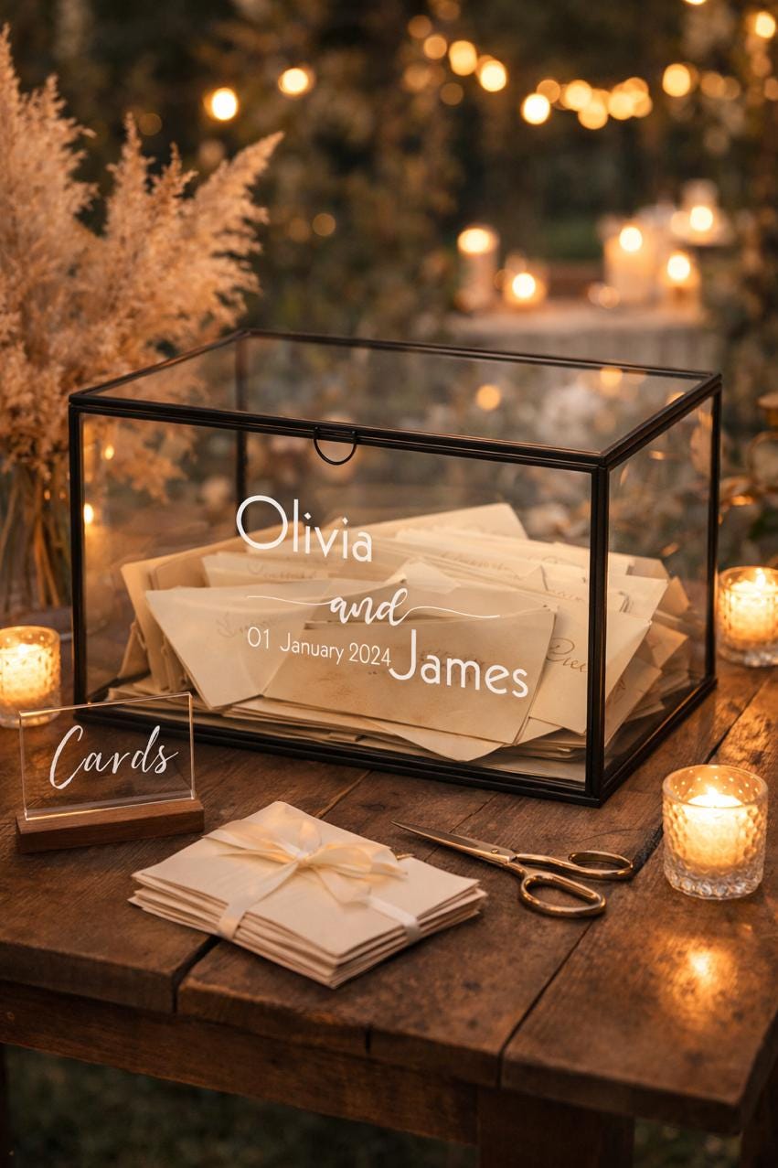 12x8x8" Wedding Card Box Glass Personalized Anthracite Black Memory Photo Gift Display Case Customizable Gold Brass Silver Copper Rose