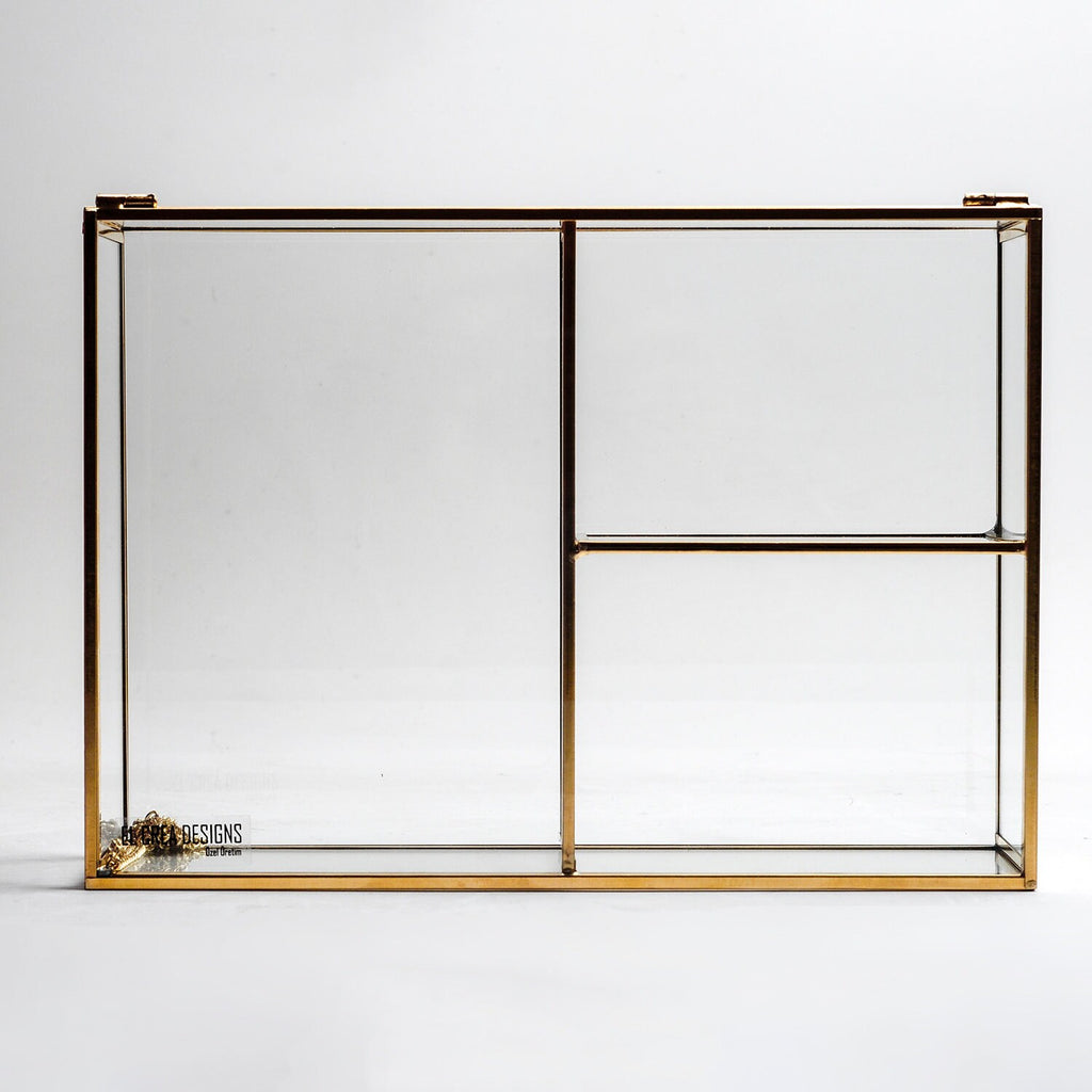 Jewelry Watch Organizer Box Accessories Makeup Gold Brass Glass Wedding Keepsake Geometric Card Reception 12x8x3" Christmas Gift