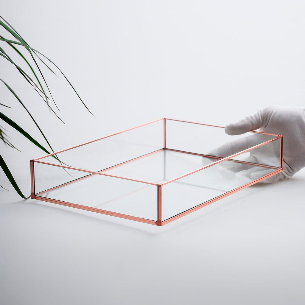 Tray Glass Copper Rose Gold Brass Black Makeup Organizer Perfect Home Decor Elegant Stylish Design