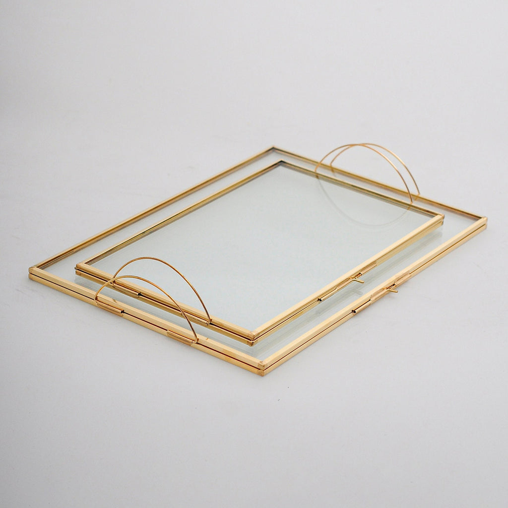 10x6" + 12x8" Wedding Tray Makeup Organizer Glass Brass Gold