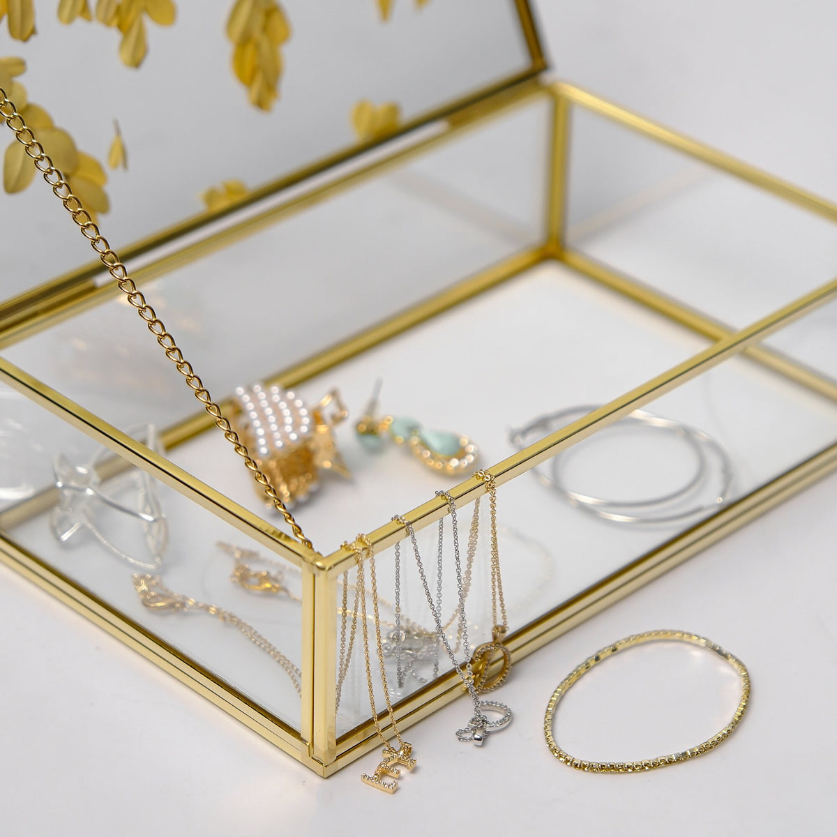 Gold Glass Keepsake Box with Photo Frame Lid, Handmade Brass Jewelry Storage, Pressed Flower Display, Wedding Memory Box