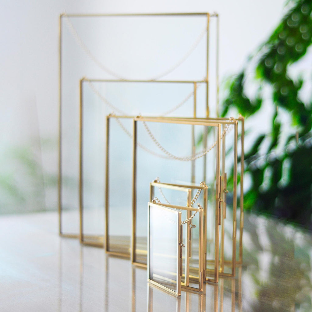 Pressed Flower Art Arrangement Floating Glass Frame Brass Gold Wall Hanging Photo Picture Double Bilderrahmen Vertical Pretty Perfect For