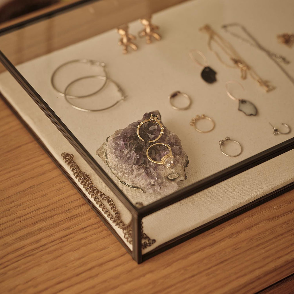 Elegant JEWELRY DISPLAY SHOWCASE Box – Unique Handmade Black Brass Display Case - Minimalist Linen Based Jewelry Organizer Or Box For Gift