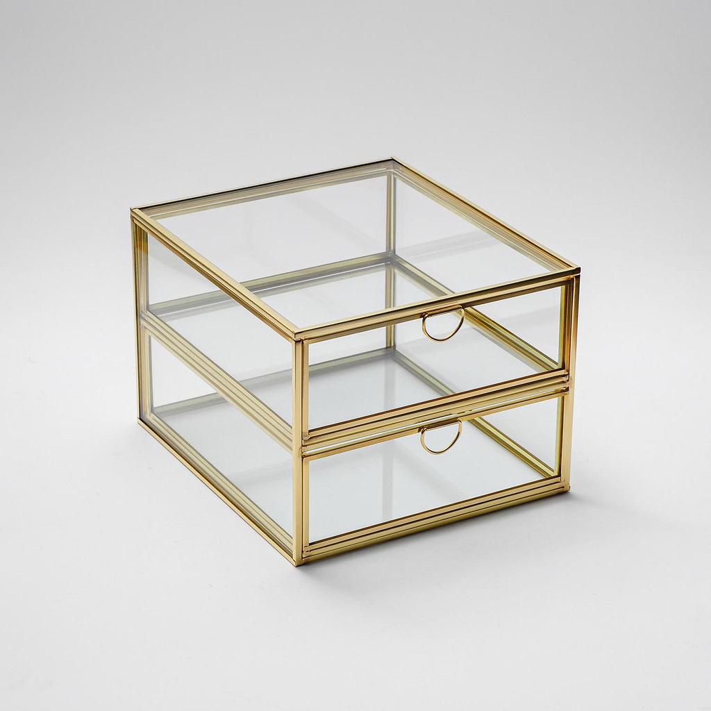 Glass Jewelry Organizer Box with Drawers, Brass Glass Display Case, Luxury Makeup Organizer, Gold Vanity Storage Box, Handmade Glass Box