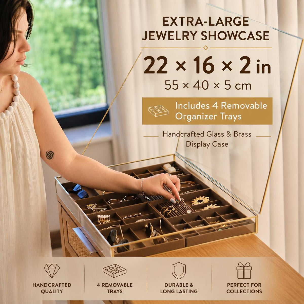 Large Glass Jewelry Box with Removable Organizer Trays, Luxury Brass Jewelry Display Case, Handmade Jewelry Storage Showcase