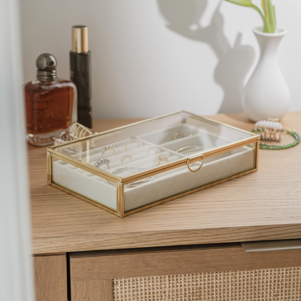 Jewelry Box | Velvet Lined Organizer | Handmade | Brass & Gold Glass | Minimalist | Elegant Storage | Personalized Gift | Valentine’s Day
