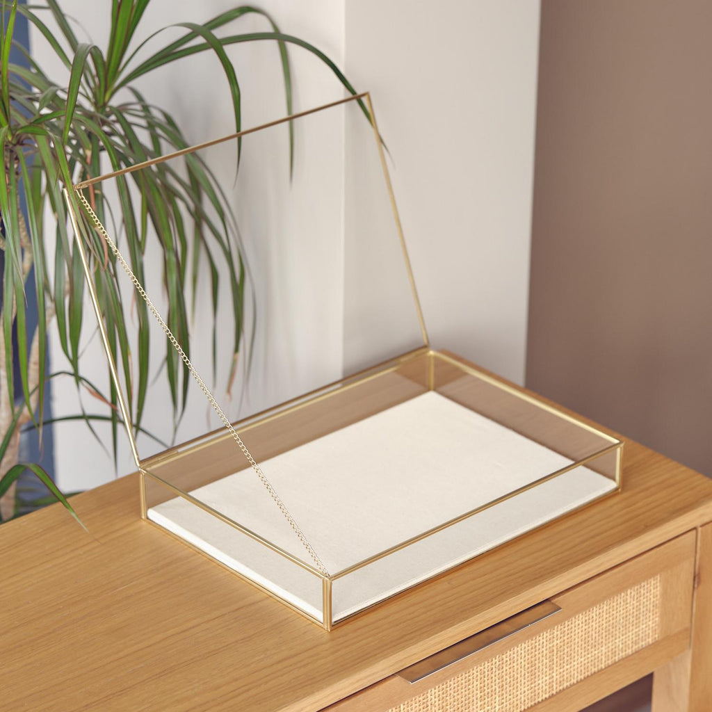 Elegant JEWELRY DISPLAY SHOWCASE Box – Unique Handmade Gold Brass Display Case - Minimalist Linen Based Jewelry Organizer Or Box For Gift