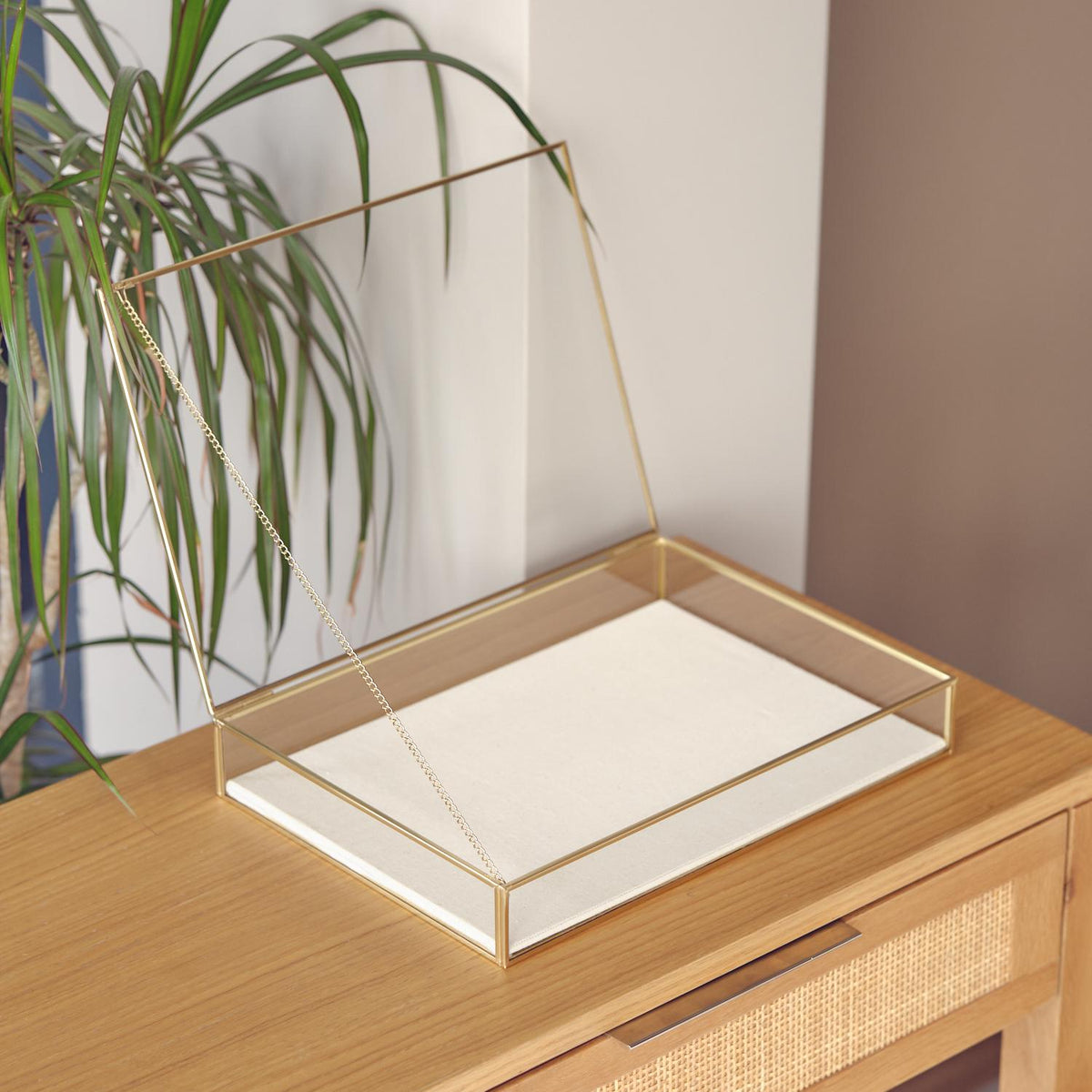 Elegant JEWELRY DISPLAY SHOWCASE Box – Unique Handmade Gold Brass Display Case - Minimalist Linen Based Jewelry Organizer Or Box For Gift