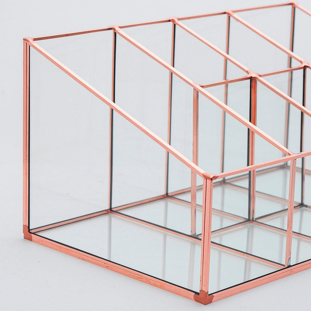 Pen Holder Makeup Jewelry Organizer Box Accessories Copper Rose Glass Wedding Keepsake Geometric Reception 10x6x5" Christmas Gift