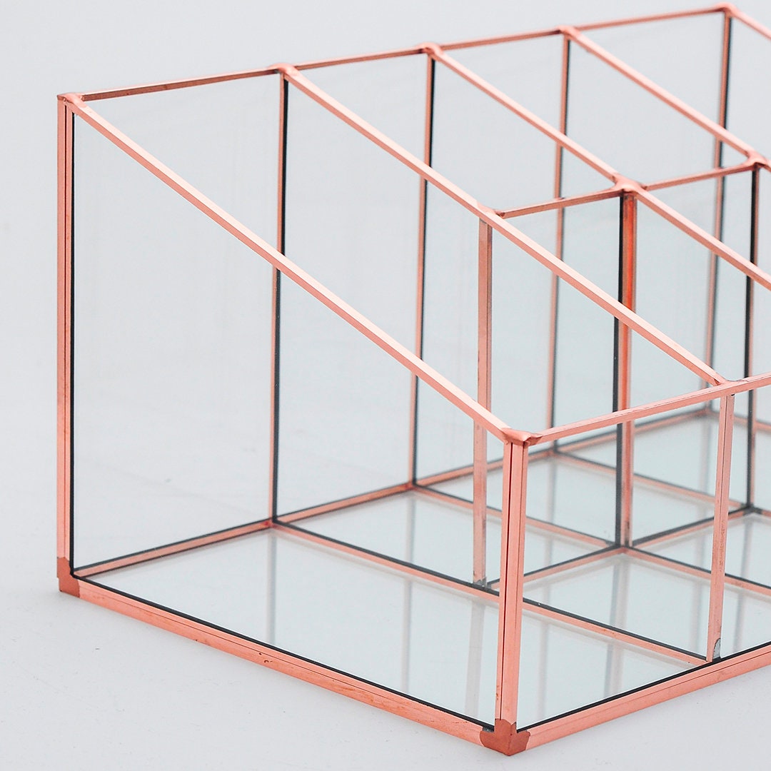 Pen Holder Makeup Jewelry Organizer Box Accessories Copper Rose Glass Wedding Keepsake Geometric Reception 10x6x5" Christmas Gift