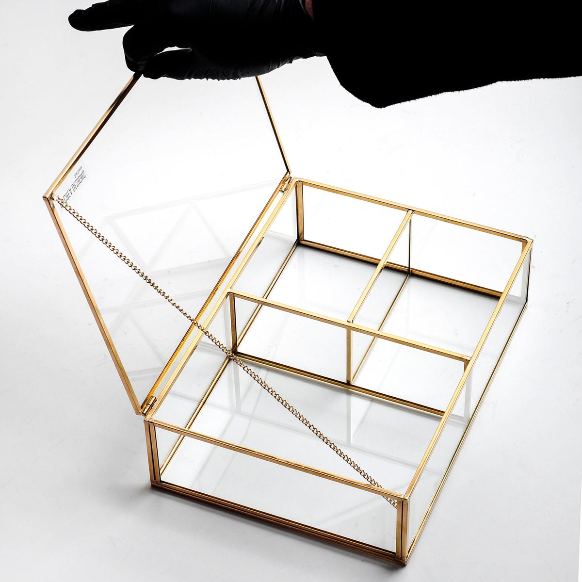 Jewelry Watch Organizer Box Accessories Makeup Gold Brass Glass Wedding Keepsake Geometric Card Reception 12x8x3" Christmas Gift