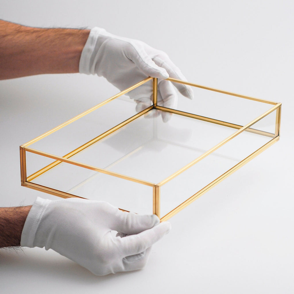 12x8x2" Wedding Tray Makeup Organizer Glass Brass Gold
