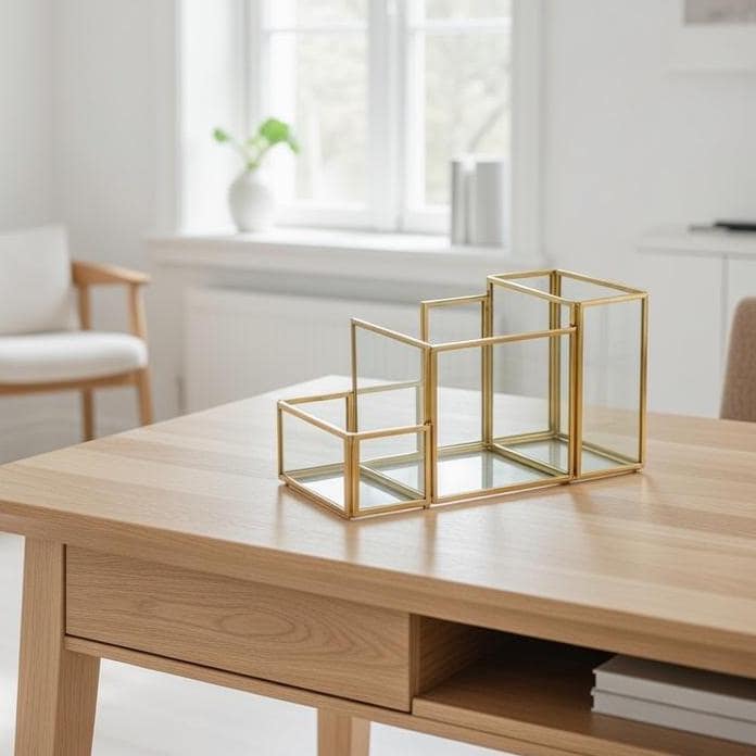 Pen Holder Office Decoration Makeup Organizer Brass Gold Glass Accessories Geometric 8x4x5" Christmas Gift