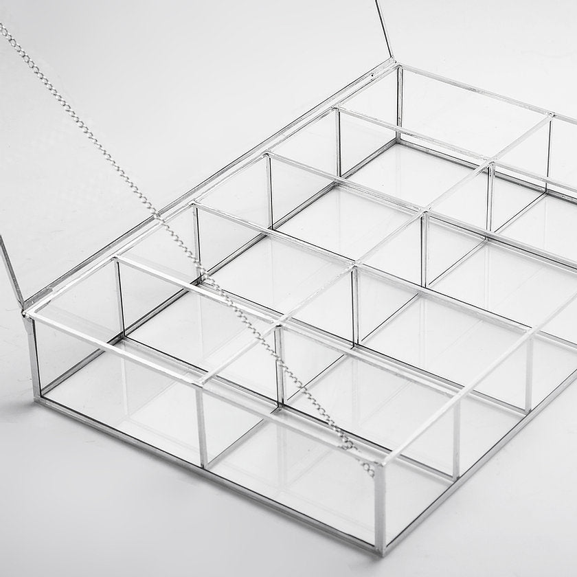 Jewelry Watch Organizer Box Accessories Makeup Silver Glass Wedding Keepsake Geometric Card Reception 12x8x2.5"