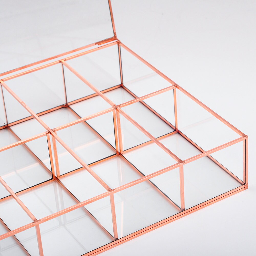 Jewelry Watch Organizer Box Accessories Makeup Copper Rose Glass Wedding Keepsake Geometric Card Reception 12x8x2.5"