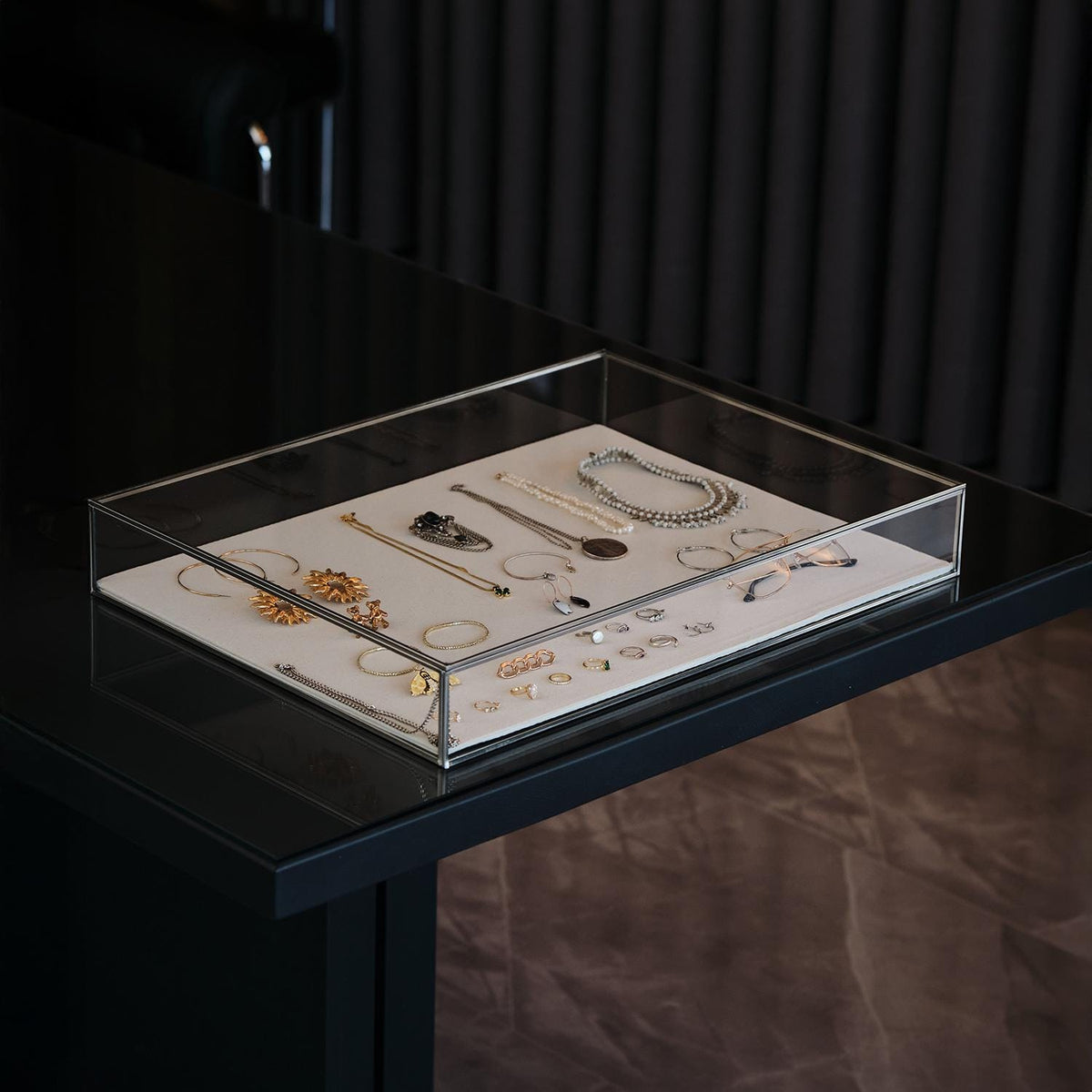 Jewelry Display Case | Glass Showcase Cabinet | Large Counter Stand | Black | Silver | Brass |  Necklace, Bracelet & Wedding Accessory Box