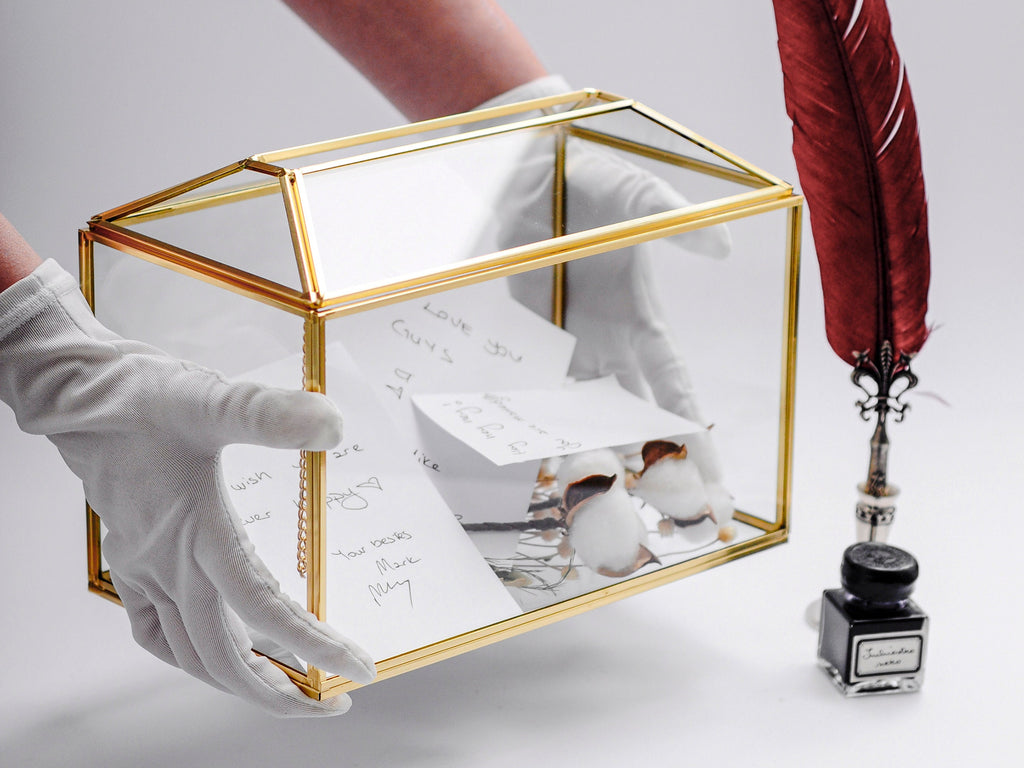 10x8x6 inch | Card Box Wedding Geometric Brass Gold Glass Terrarium Reception Wish Well Keepsake Envelope Holder Display Gift