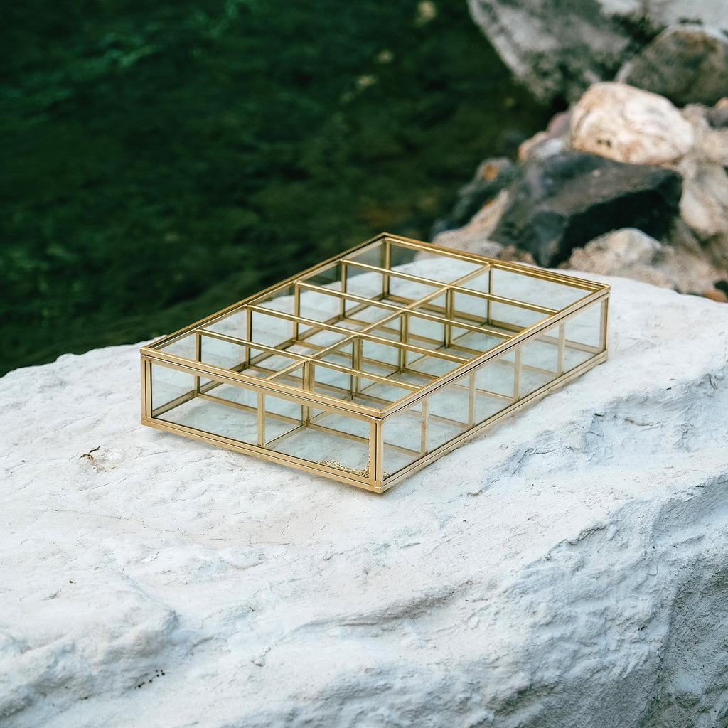Jewelry Watch Organizer Box Accessories Makeup Gold Brass Glass Wedding Keepsake Geometric Card Reception 12x8x2"