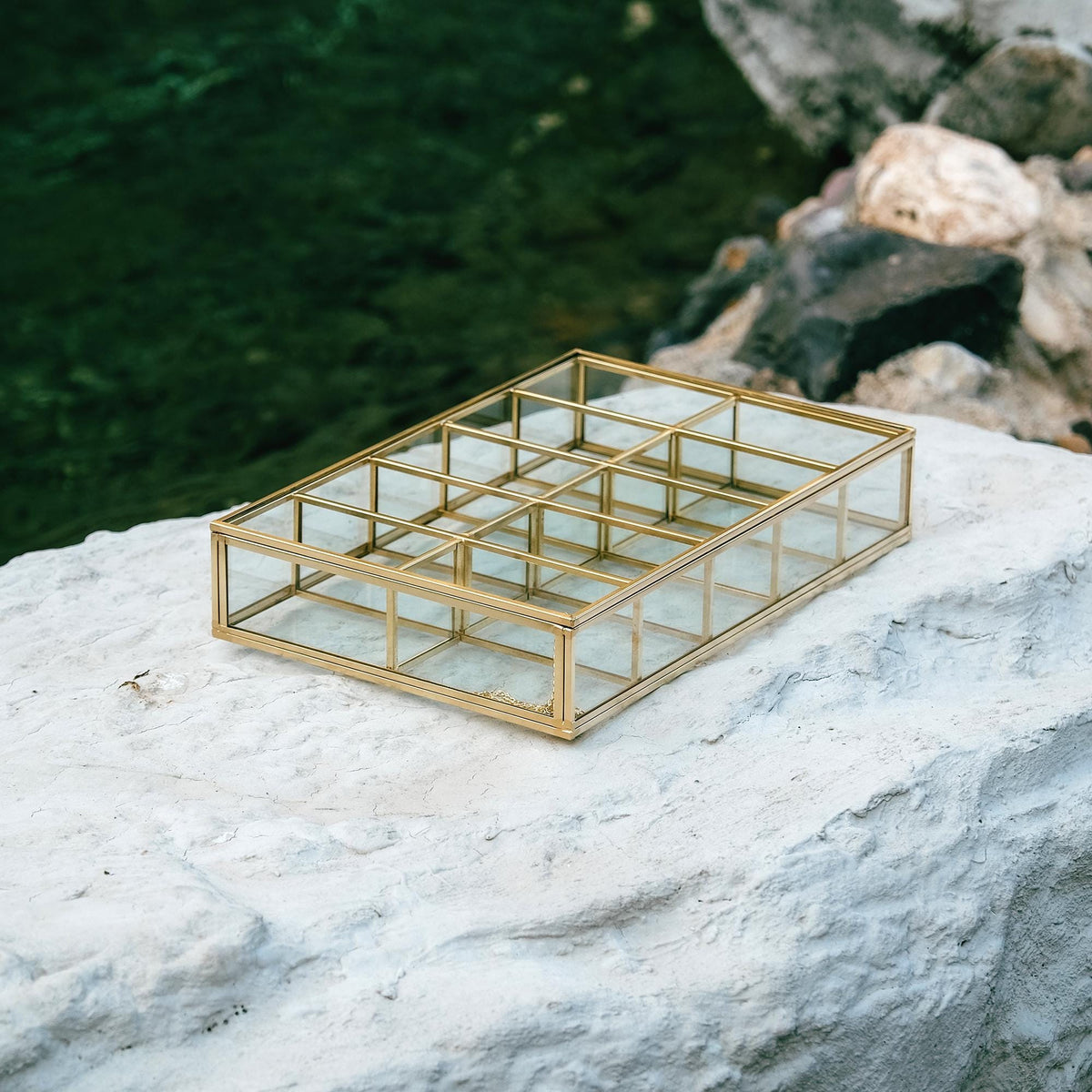 Jewelry Watch Organizer Box Accessories Makeup Gold Brass Glass Wedding Keepsake Geometric Card Reception 12x8x2"
