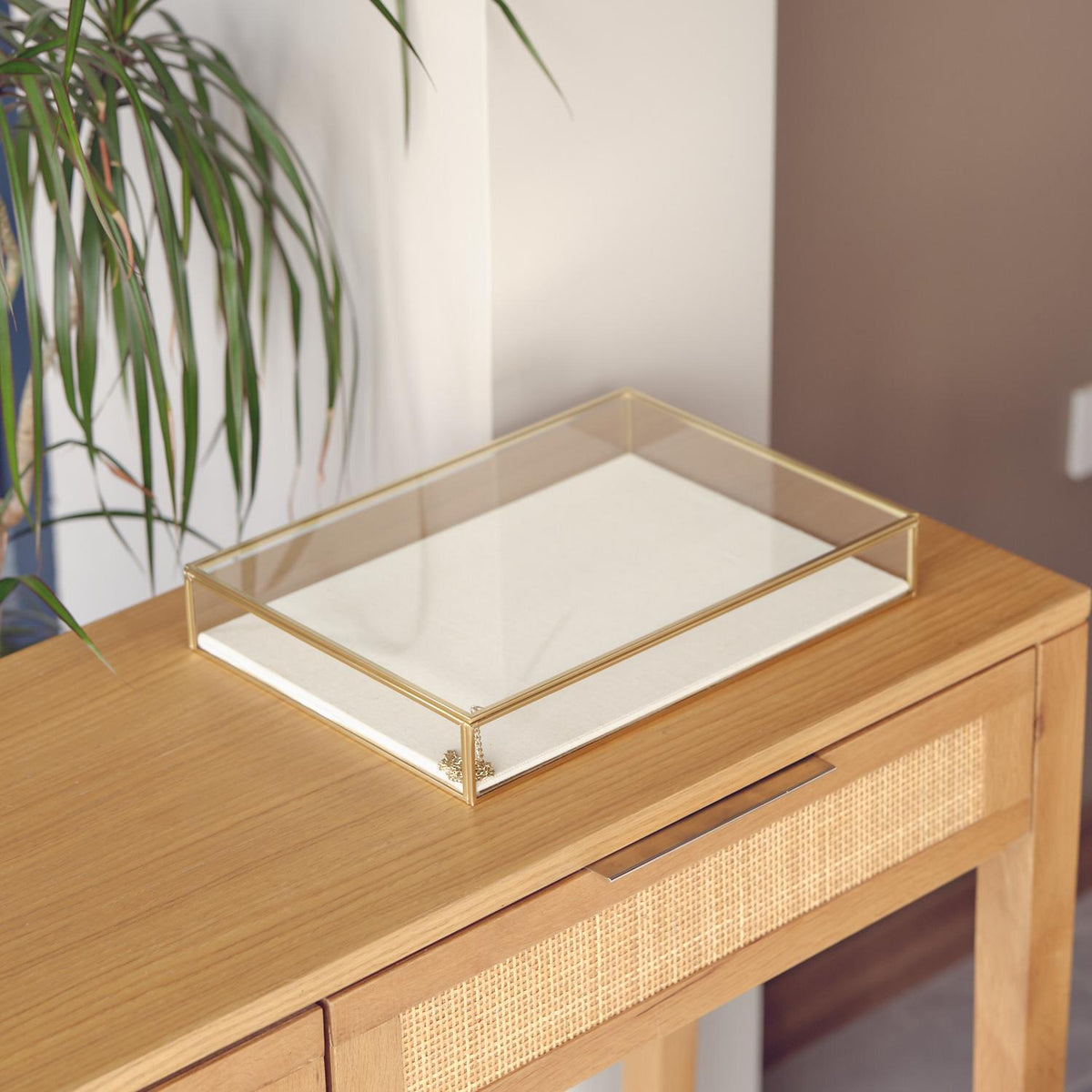 Elegant JEWELRY DISPLAY SHOWCASE Box – Unique Handmade Gold Brass Display Case - Minimalist Linen Based Jewelry Organizer Or Box For Gift