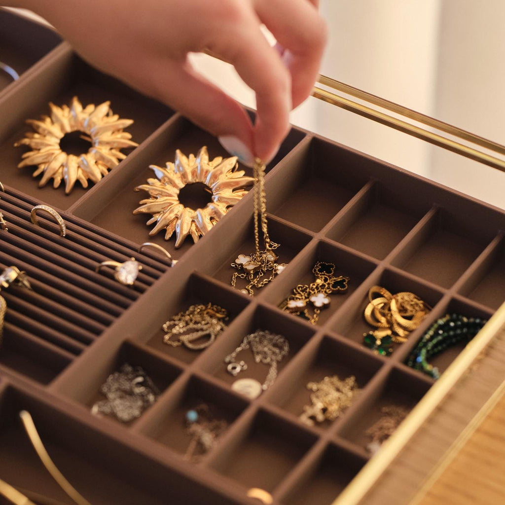 Large Glass Jewelry Box with Removable Organizer Trays, Luxury Brass Jewelry Display Case, Handmade Jewelry Storage Showcase
