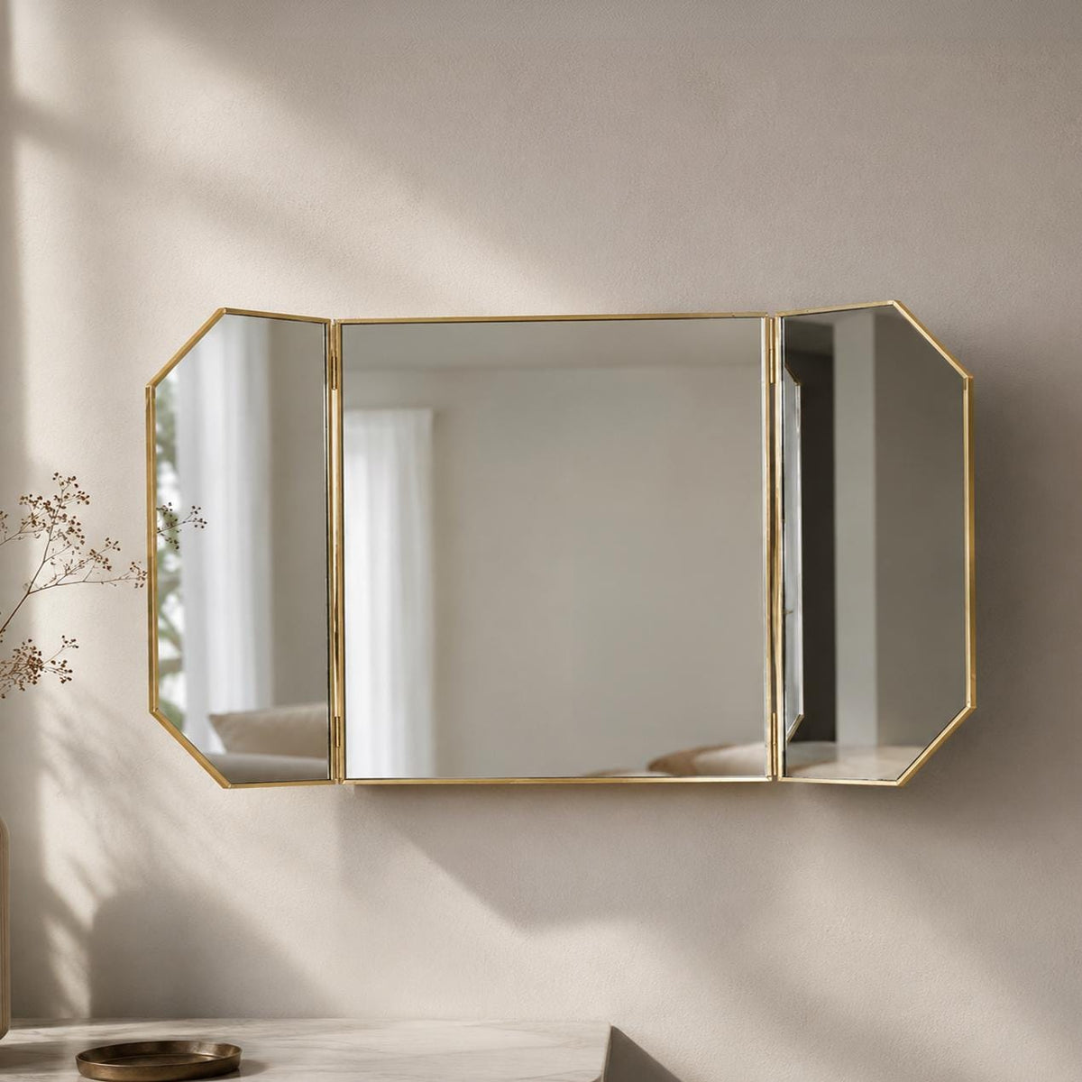 24x12" Wall-Mounted Desktop Vanity Makeup Mirror Brass Gold Decorative Scandinavian Portable Bedroom Bohemian Modern Decor Christmas Gift