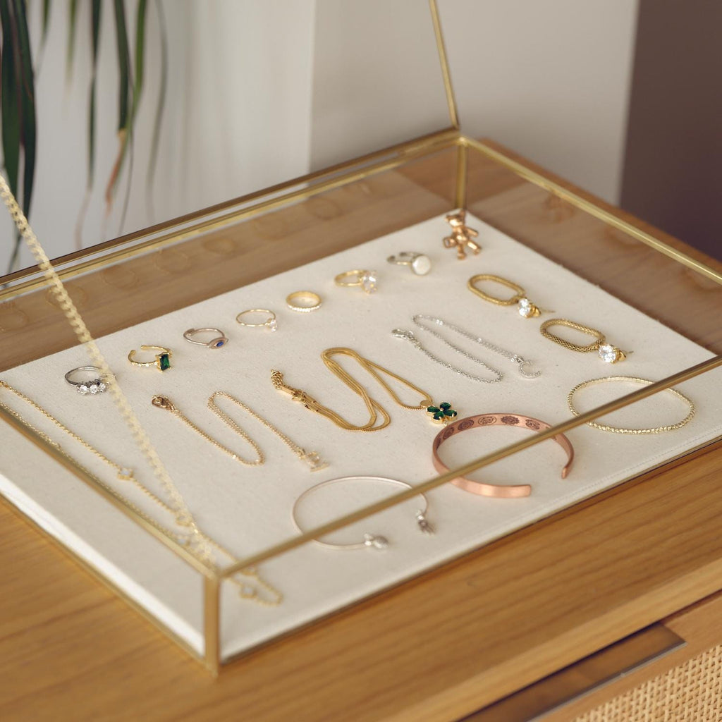 Elegant JEWELRY DISPLAY SHOWCASE Box – Unique Handmade Gold Brass Display Case - Minimalist Linen Based Jewelry Organizer Or Box For Gift