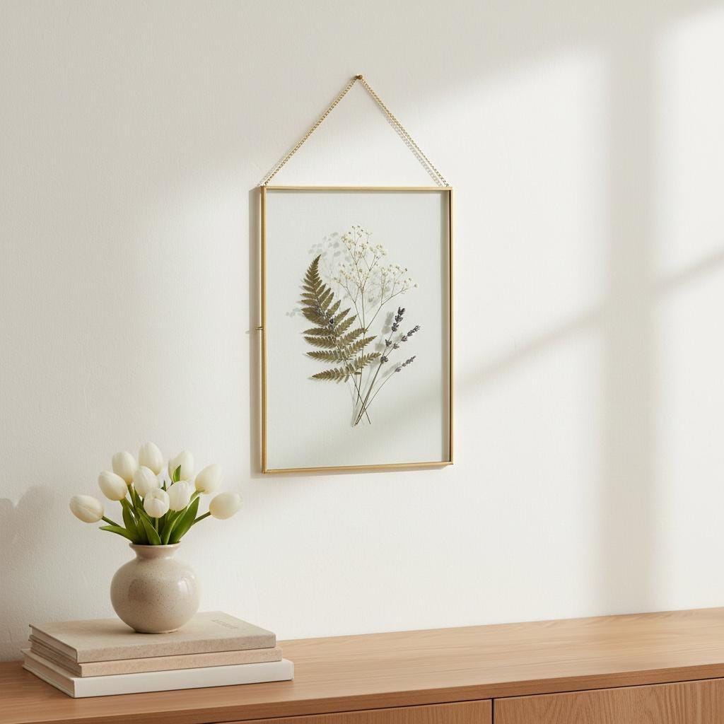 14x10" Floating Glass Frame Brass Gold Wall Hanging Photo Picture Double Bilderrahmen Vertical Pretty Perfect For Pressed Flower Arrangement