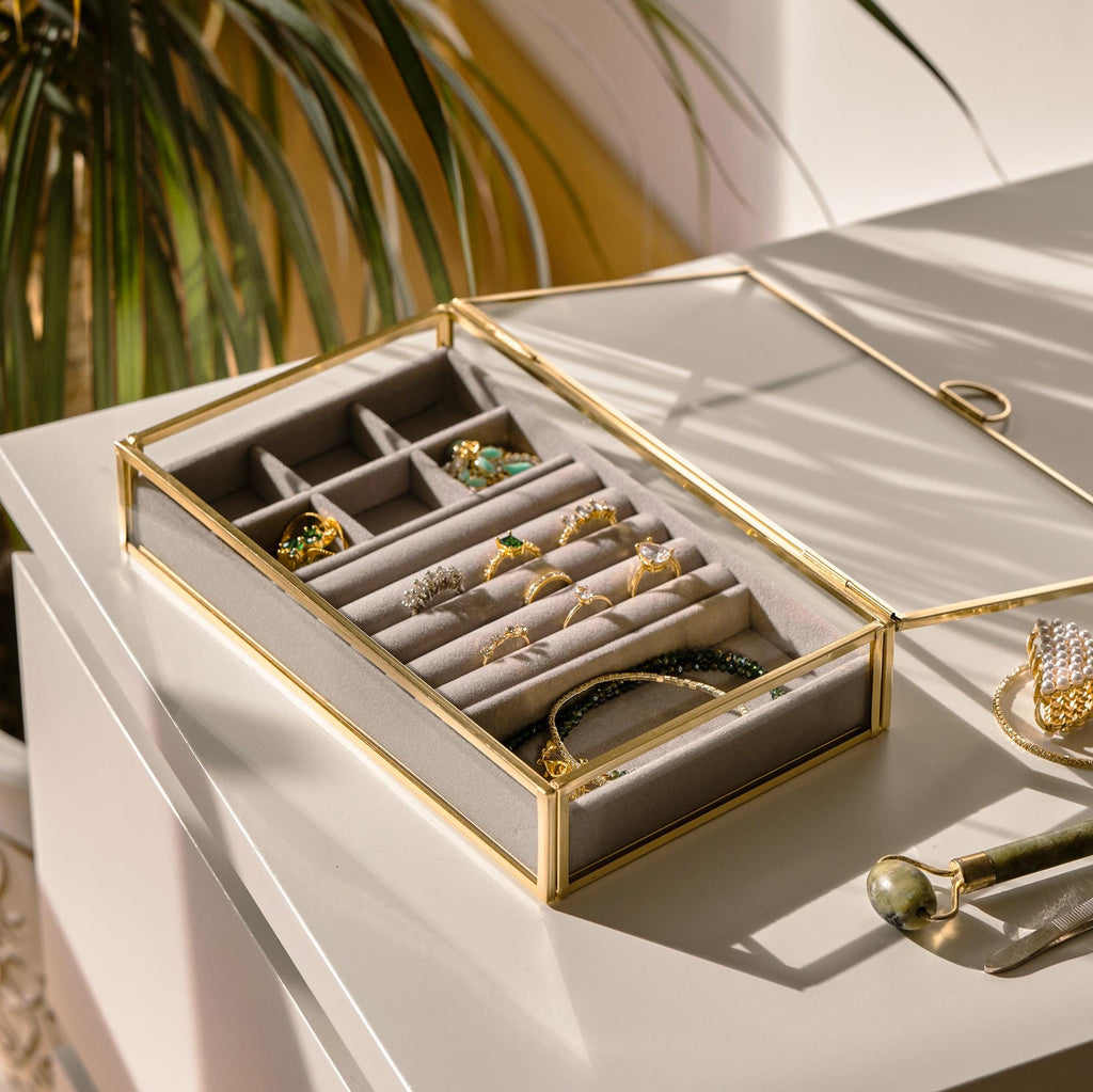 Jewelry Box | Velvet Lined Organizer | Handmade | Brass & Gold Glass | Minimalist | Elegant Storage | Personalized Gift | Valentine’s Day