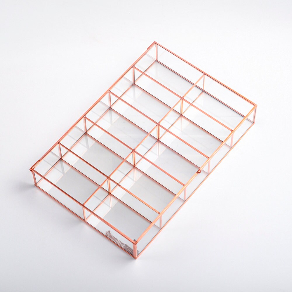 Jewelry Watch Organizer Box Accessories Makeup Copper Rose Glass Wedding Keepsake Geometric Card Reception 12x8x2.5"