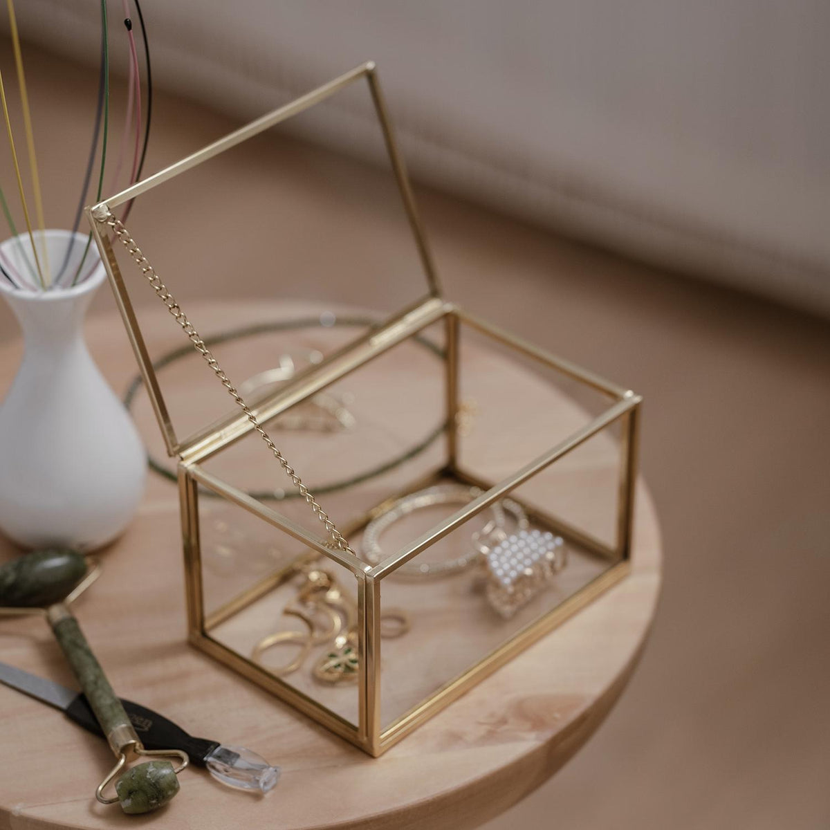Ring Jewelry Accessories Box Glass Brass Gold 6x4x3"