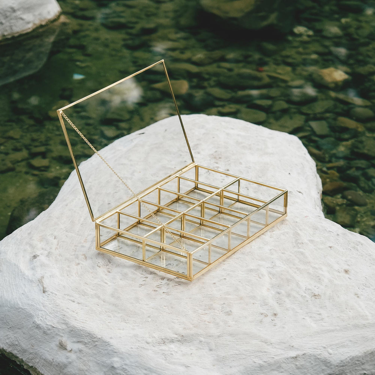 Jewelry Watch Organizer Box Accessories Makeup Gold Brass Glass Wedding Keepsake Geometric Card Reception 12x8x2"