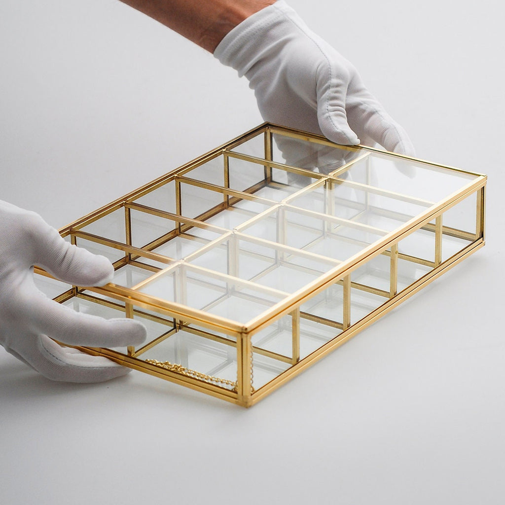 Jewelry Watch Organizer Box Accessories Makeup Gold Brass Glass Wedding Keepsake Geometric Card Reception 12x8x2"