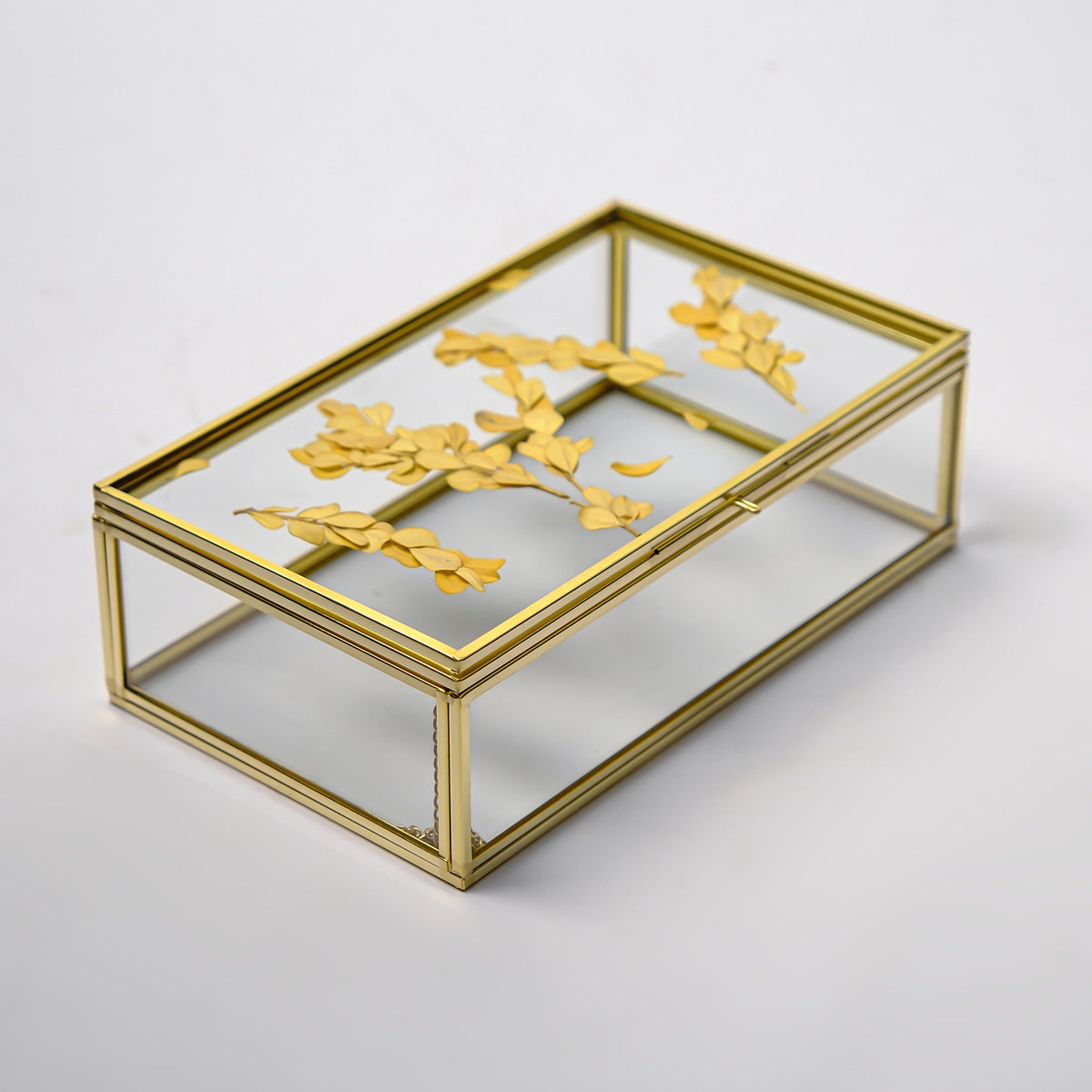 Gold Glass Keepsake Box with Photo Frame Lid, Handmade Brass Jewelry Storage, Pressed Flower Display, Wedding Memory Box