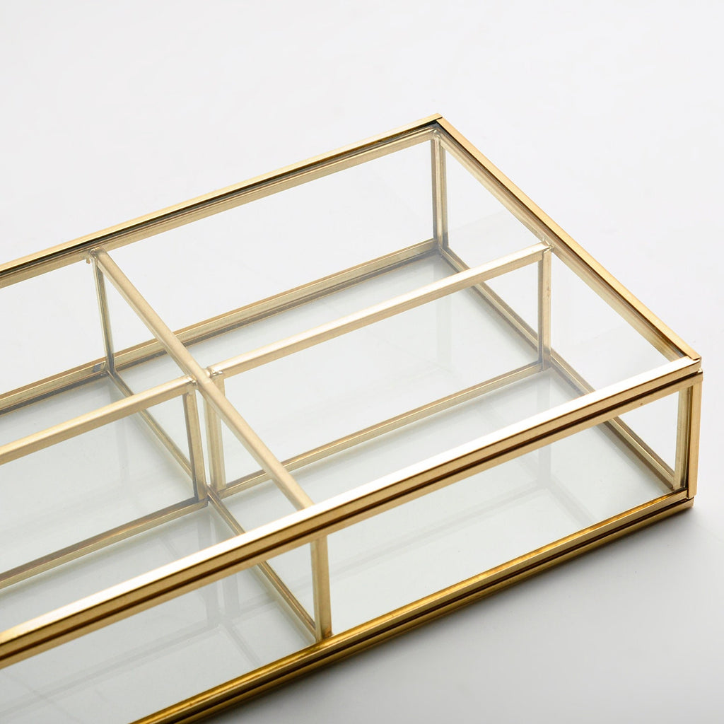 Jewelry Watch Organizer Box Accessories Makeup Gold Brass Glass Wedding Keepsake Geometric Card Reception 10x6x2"