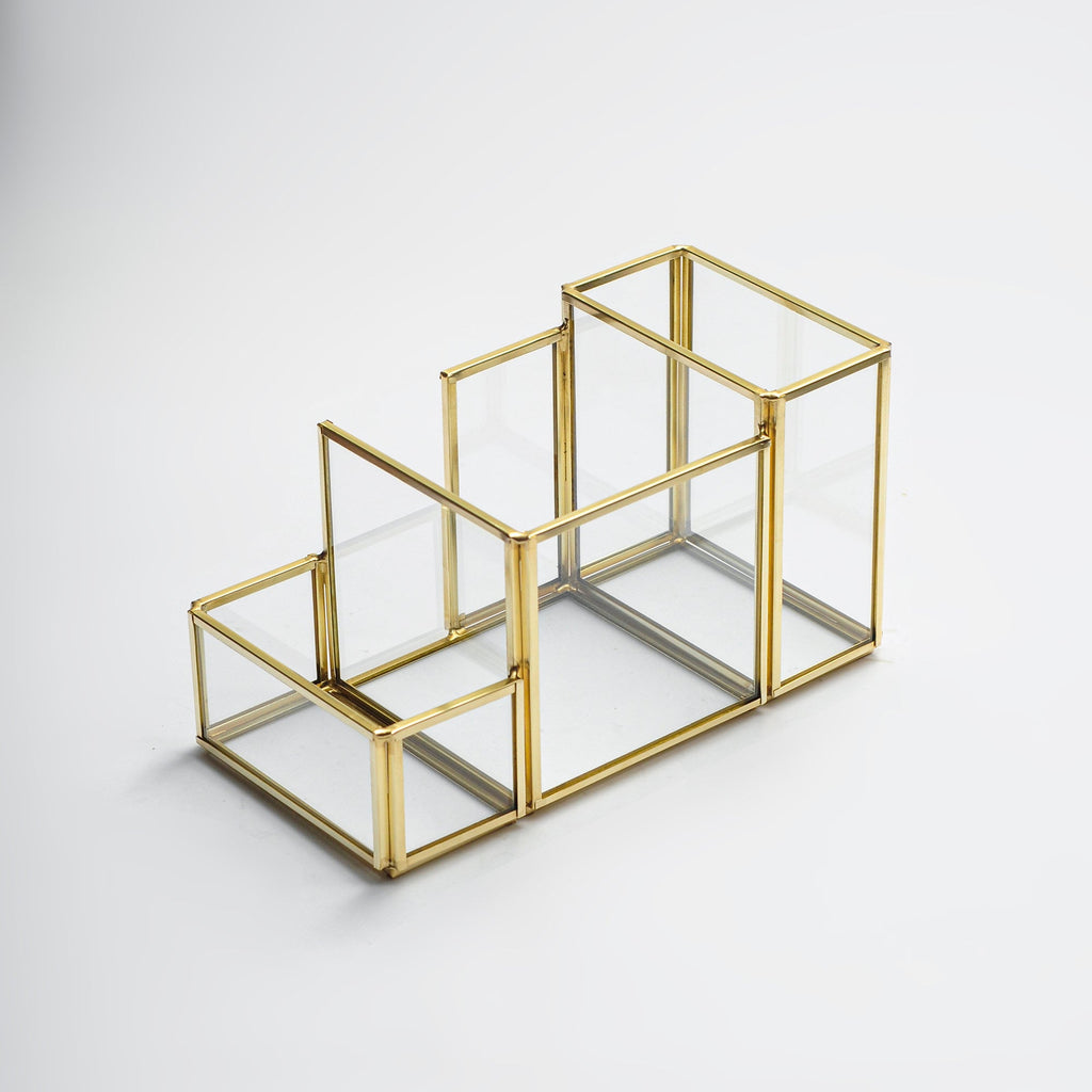 Pen Holder Office Decoration Makeup Organizer Brass Gold Glass Accessories Geometric 8x4x5" Christmas Gift