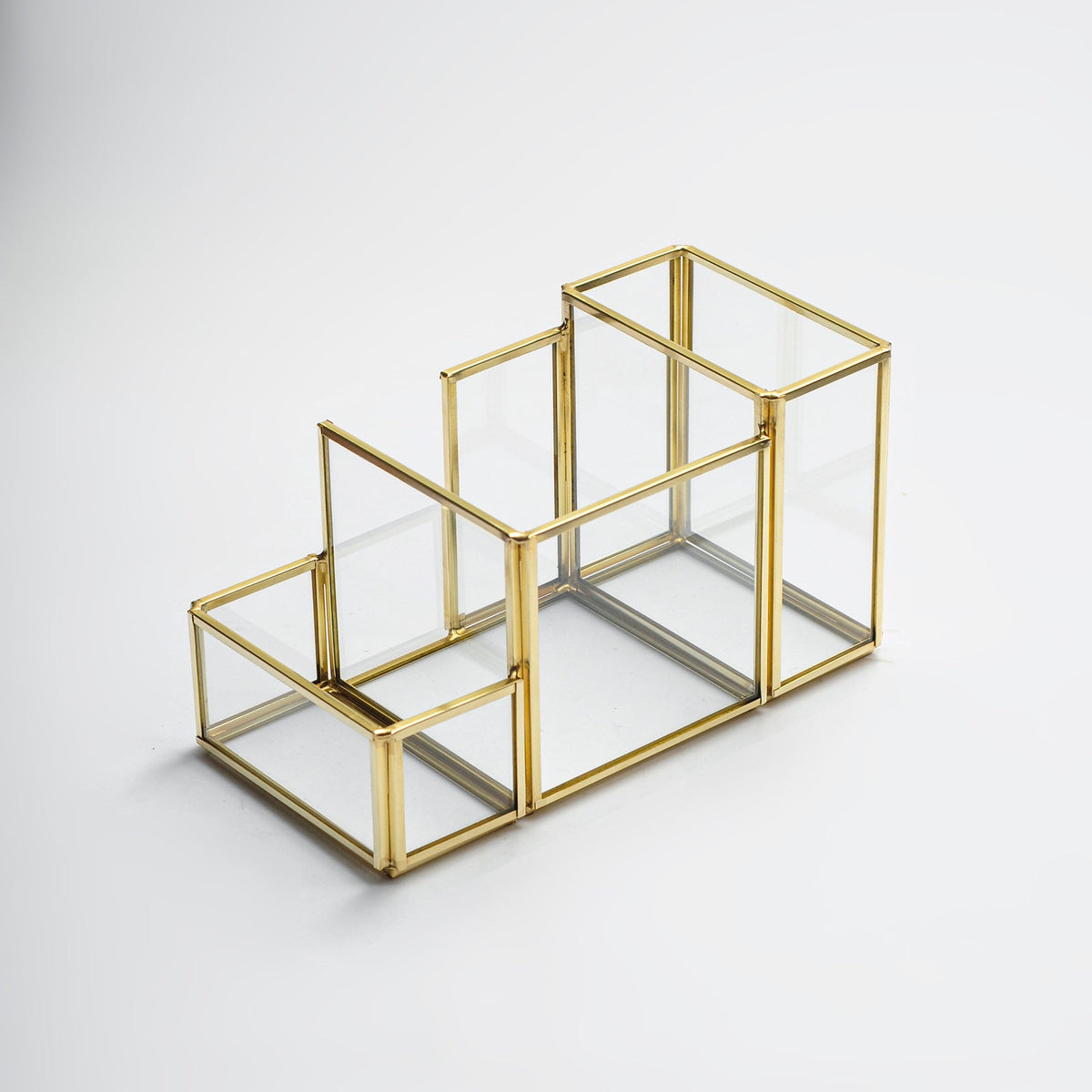 Pen Holder Office Decoration Makeup Organizer Brass Gold Glass Accessories Geometric 8x4x5" Christmas Gift