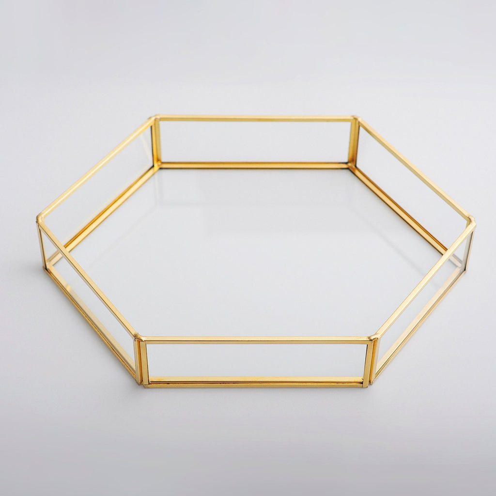 12x8x2” Wedding Tray Makeup Organizer Glass Brass Gold