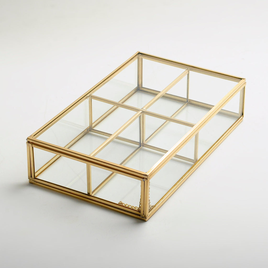 Jewelry Watch Organizer Box Accessories Makeup Gold Brass Glass Wedding Keepsake Geometric Card Reception 10x6x2"