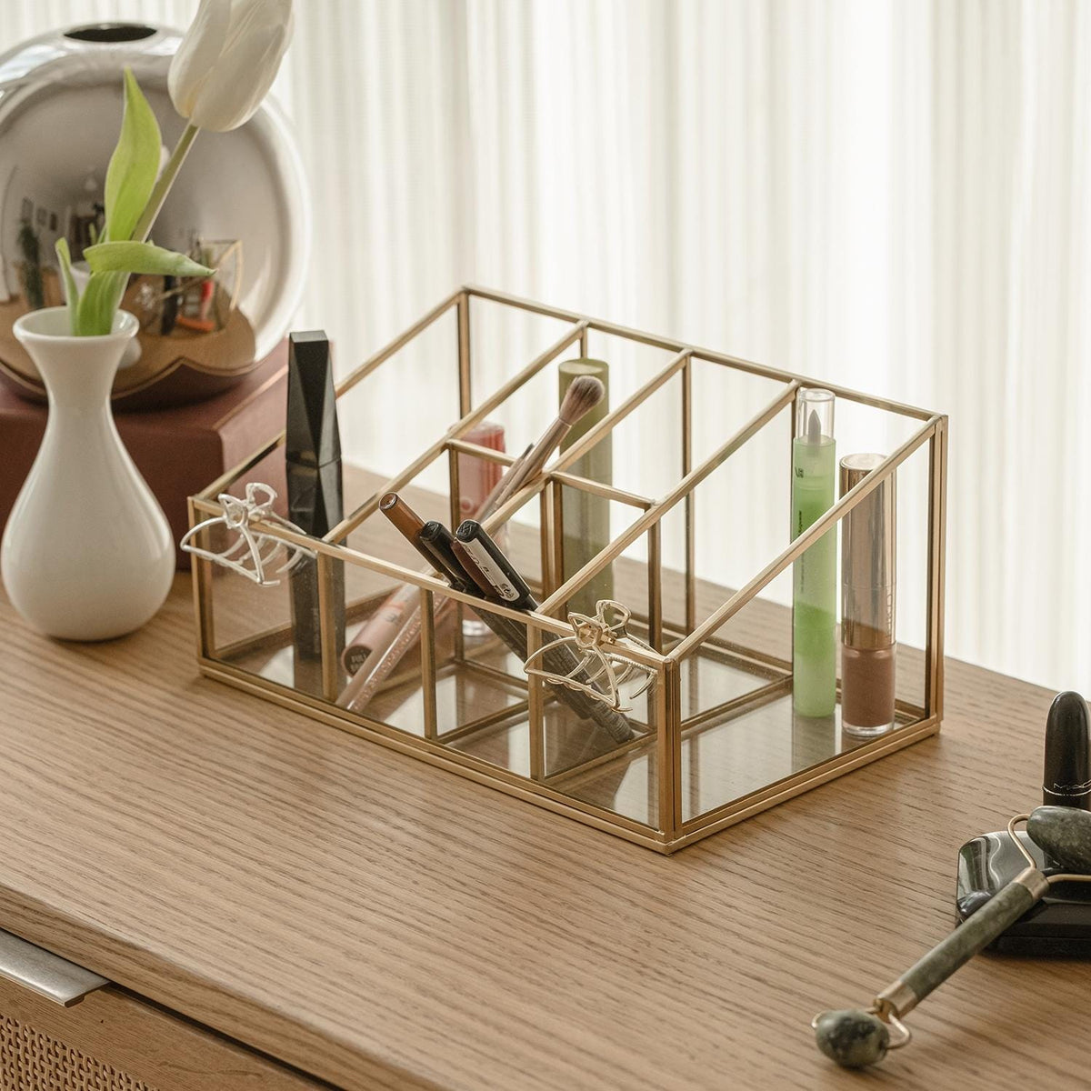 Pen Holder Makeup Jewelry Organizer Box Accessories Gold Brass Glass Wedding Keepsake Geometric Reception 10x6x5" Christmas Gift