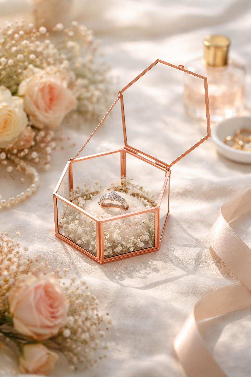 Ring Jewelry Accessories Box Glass Copper Rose 5x4x2" Christmas Gift