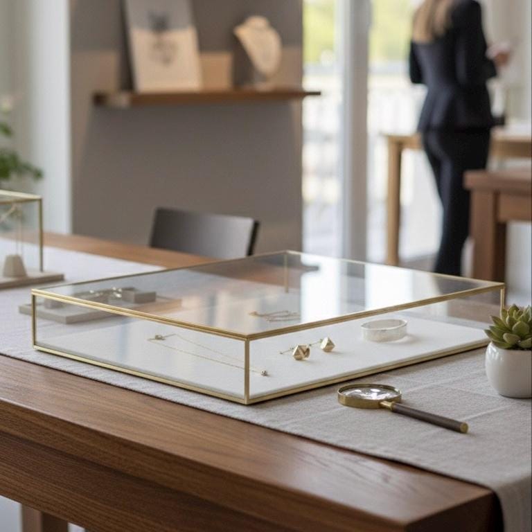 Jewelry Display Case | Glass Showcase Cabinet | Large Counter Stand | Black | Silver | Brass |  Necklace, Bracelet & Wedding Accessory Box